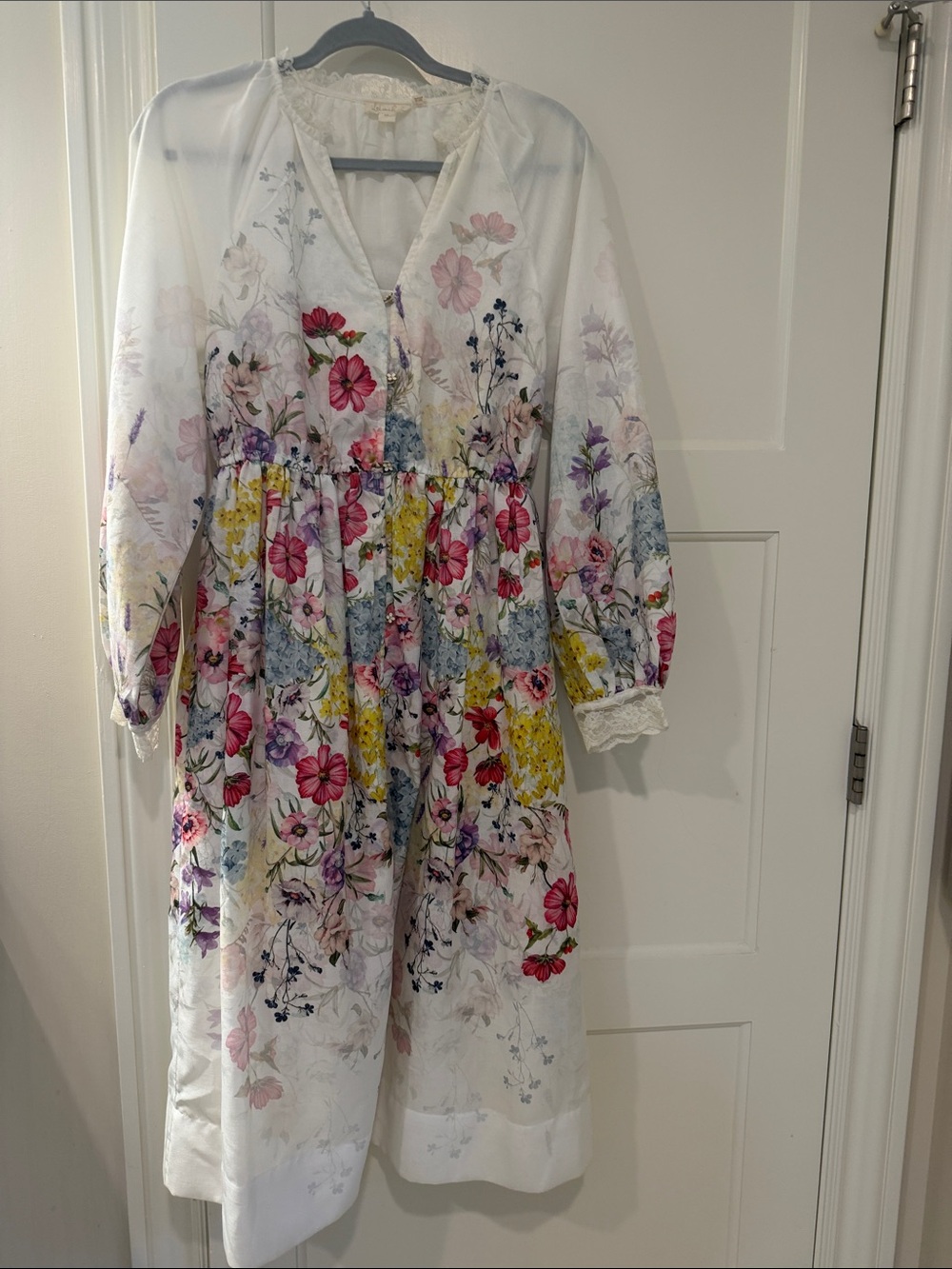White Floral Print Dress with Pink & Yellow Flowers